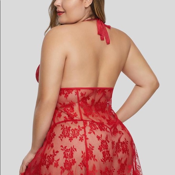 Red lace floral chemise with red lace thong panty - Picture 2 of 2